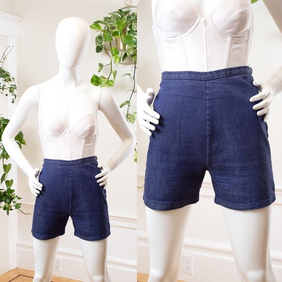 Vintage 1960s Denim Shorts 60s Dark Wash Blue Jean High Rise Side
